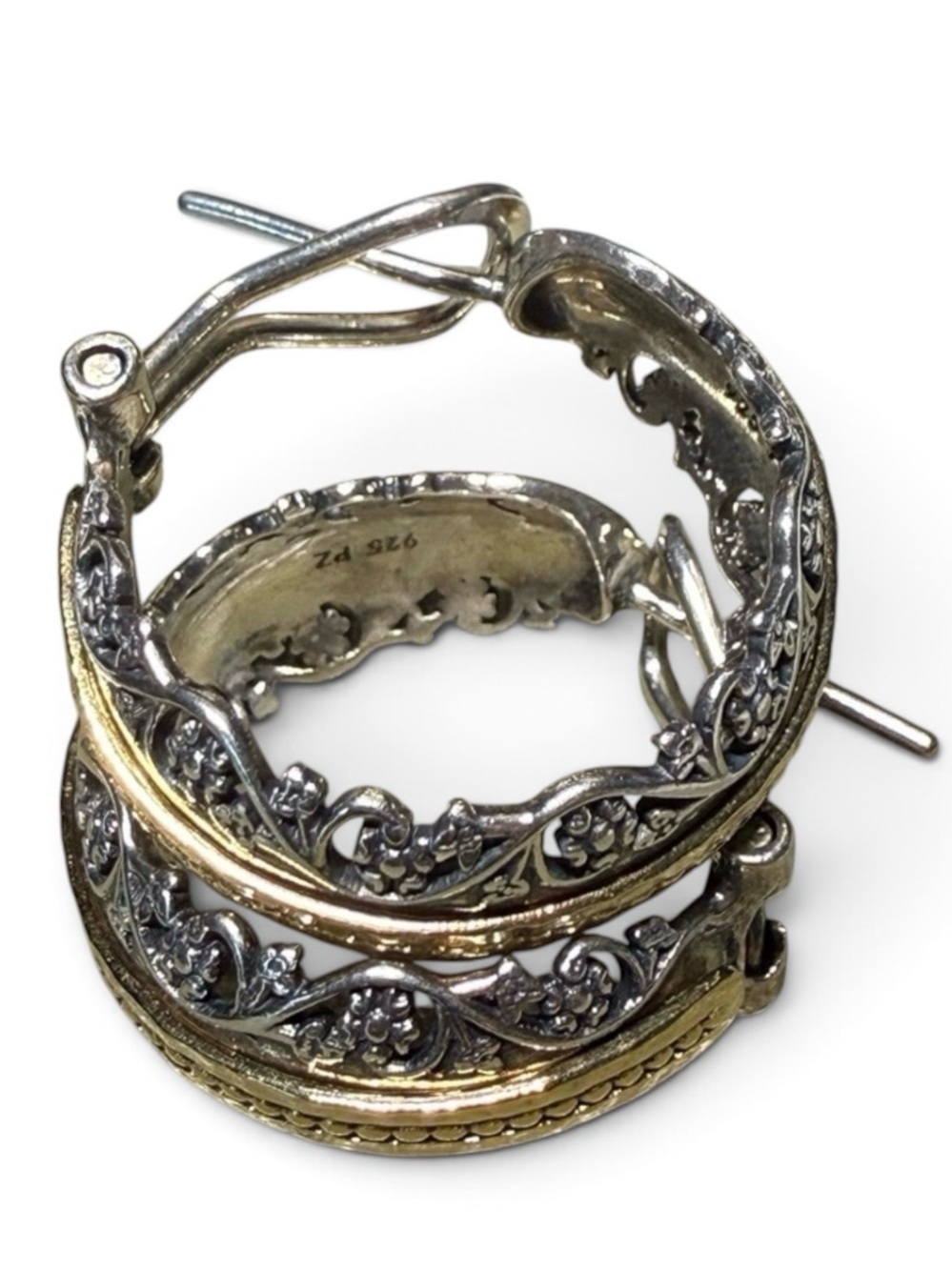 Vintage 925 Sterling Silver Israel Filigree Hoop Earrings Two-Tone Gold Accent